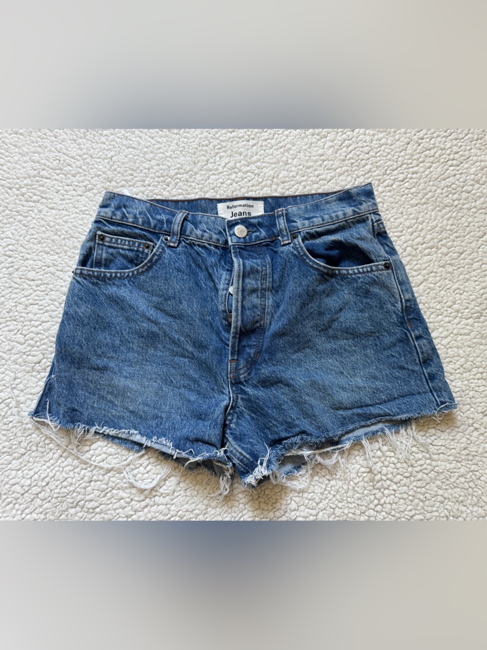 Reformation Blue Denim Frayed Hem Jean Shorts